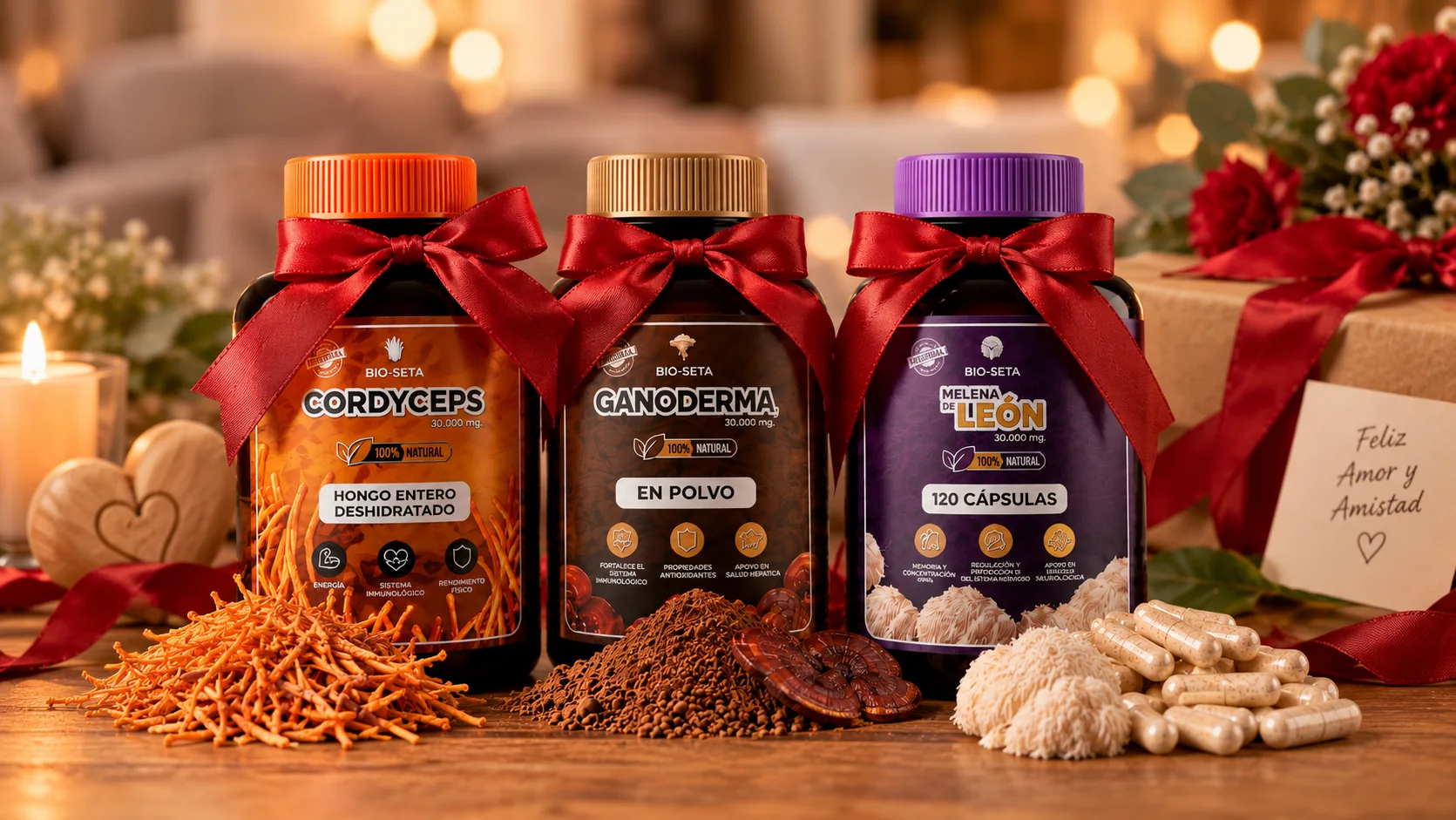 Los tres frascos de BIO-SETA con moños rojos, listos para regalar