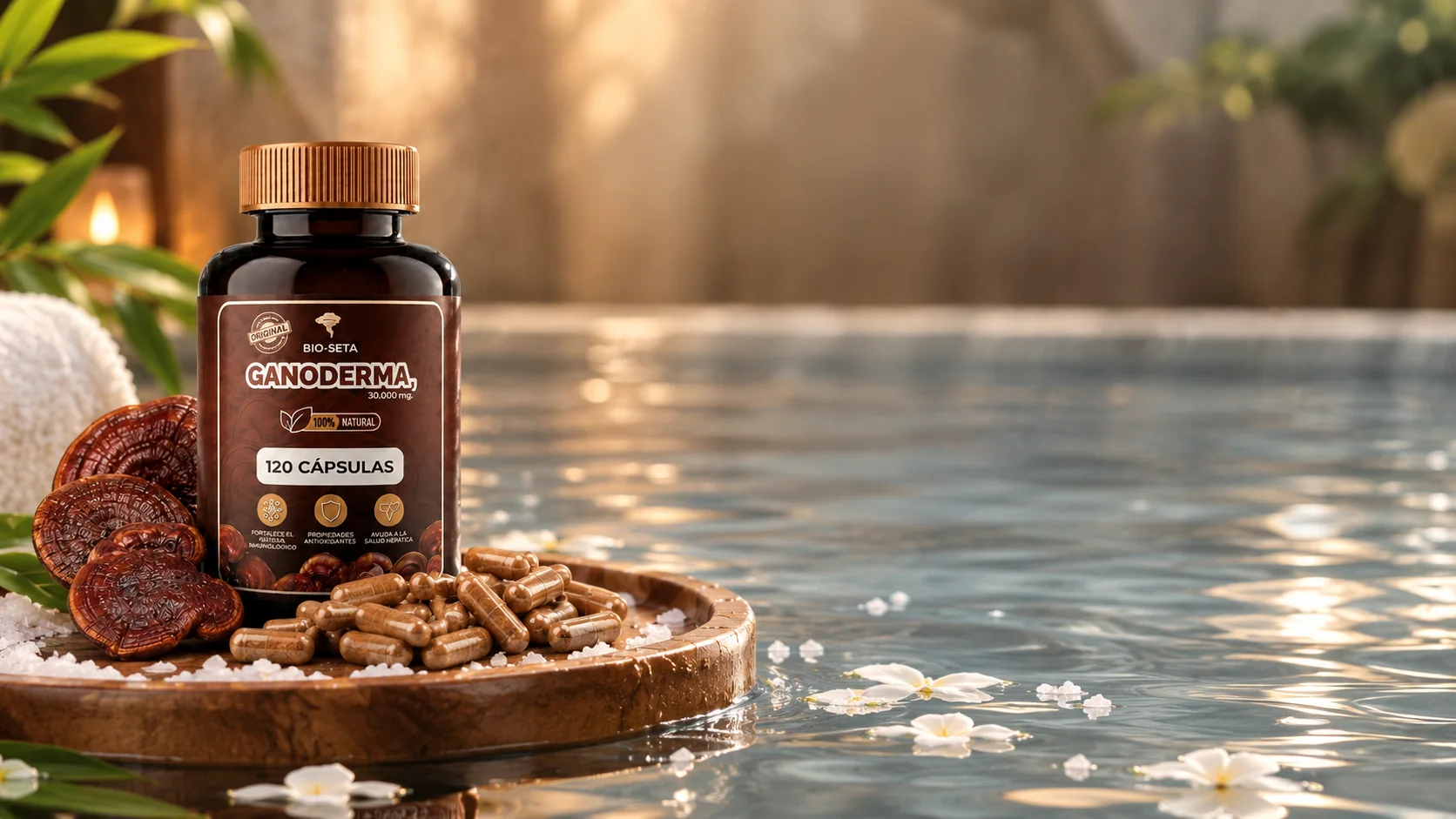Frasco de Ganoderma en cápsulas junto al agua, en calma
