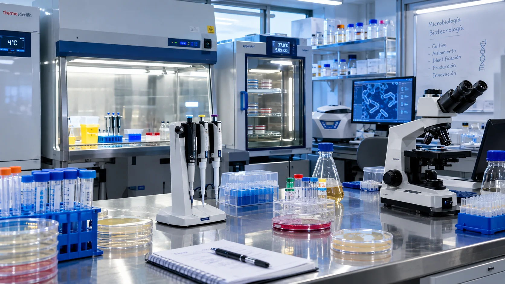 Mesón de laboratorio con cabina de bioseguridad, incubadora y microscopio