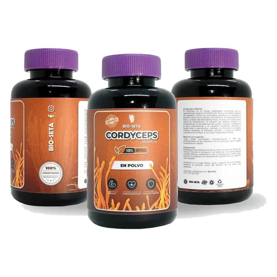 Frasco de Cordyceps por detrás, con la tabla nutricional