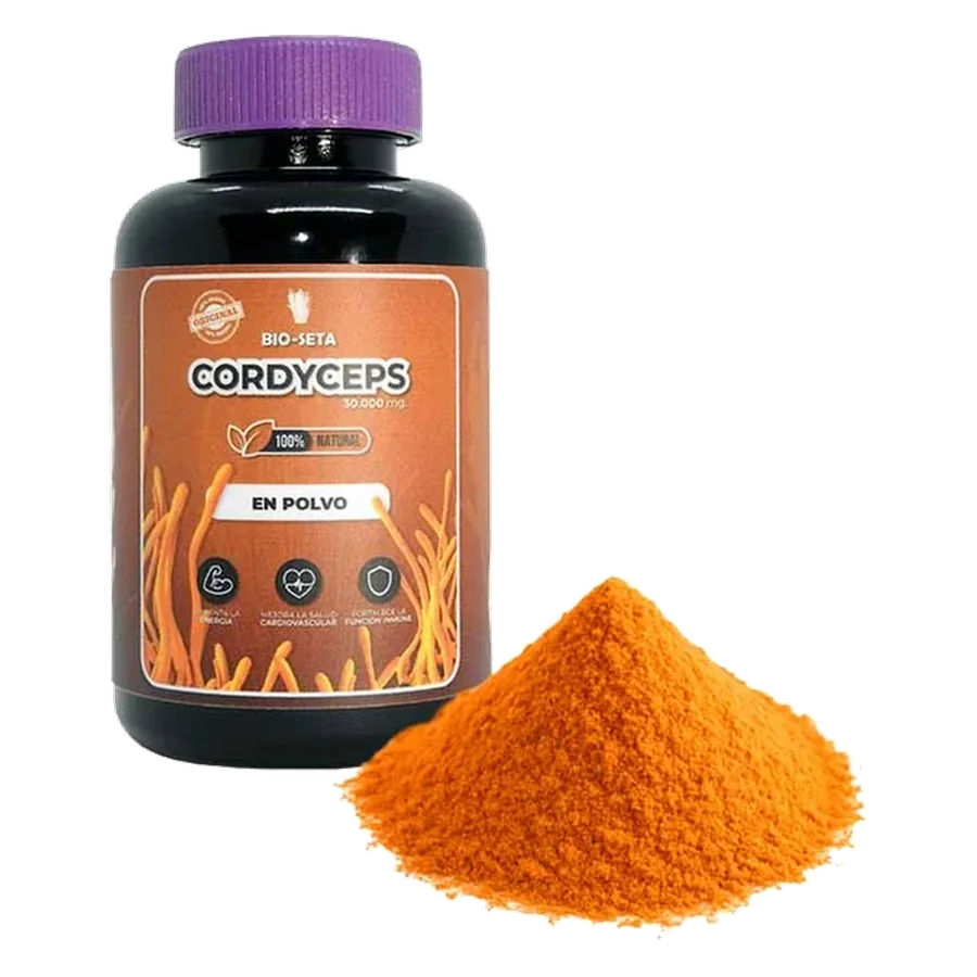 Frasco de Cordyceps en polvo, con el polvo a un lado