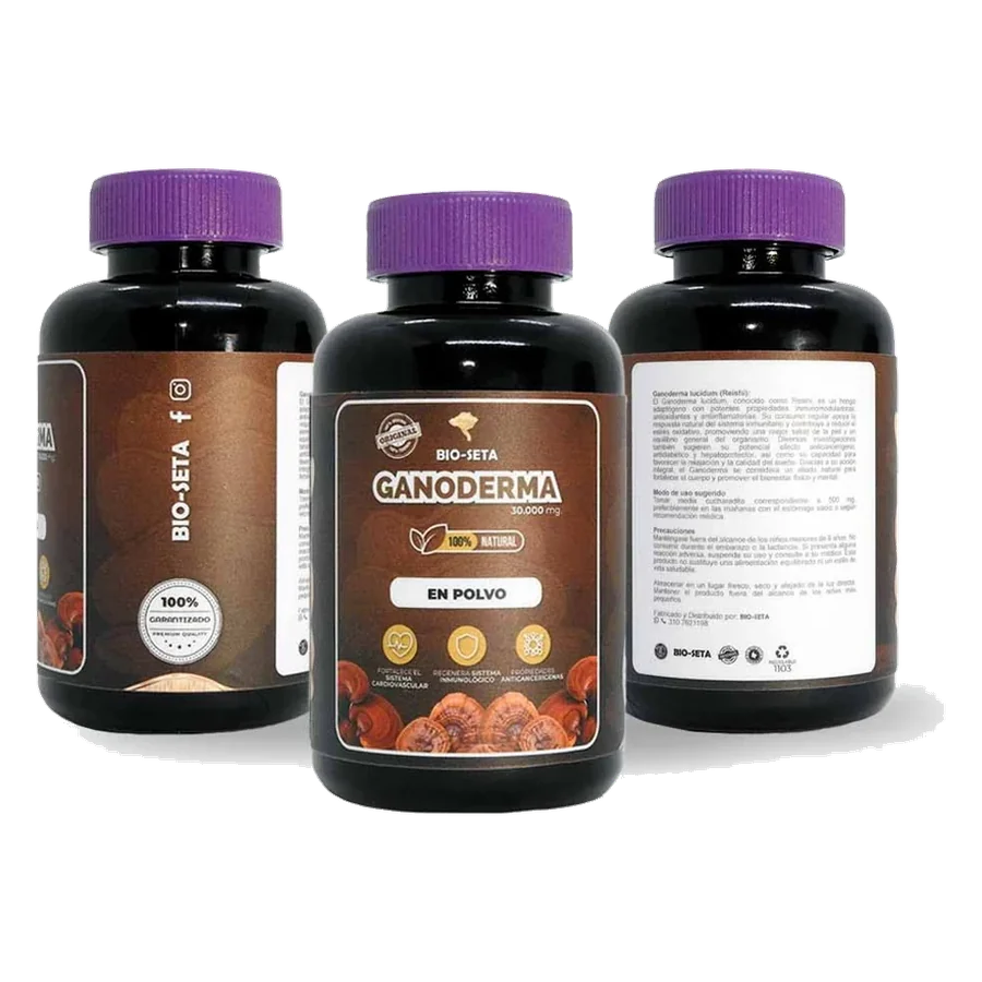 Frasco de Ganoderma por detrás, con la tabla nutricional