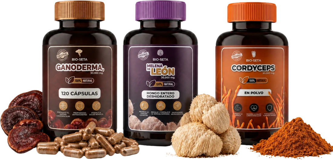 Los tres frascos de BIO-SETA con el hongo entero, el polvo y las cápsulas al lado